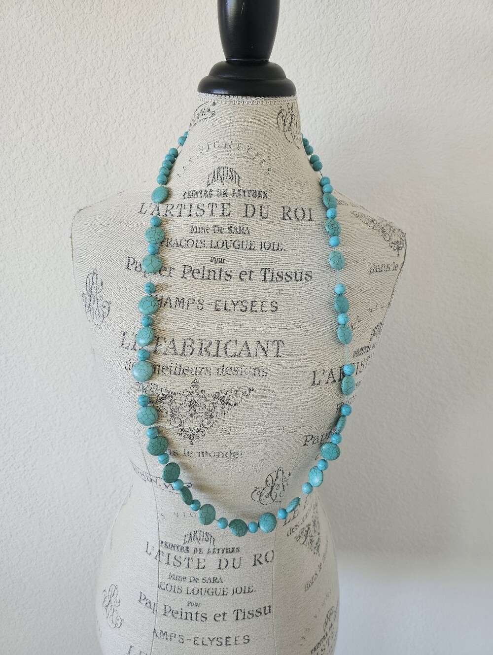 Vintage Long Turquoise Howlite Coin Bead Statement Necklace 41"